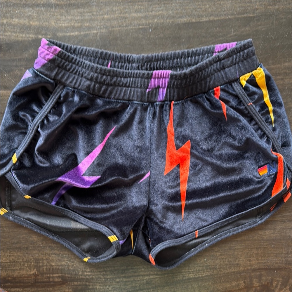 Aviator Nation Black Athletic Shorts with Purple and Red Lightning